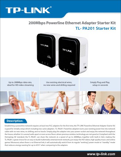 TP-LINK 200Mbps Powerline Ethernet Adapter Starter Kit TL- PA201 Starter Kit User Guide - cover page