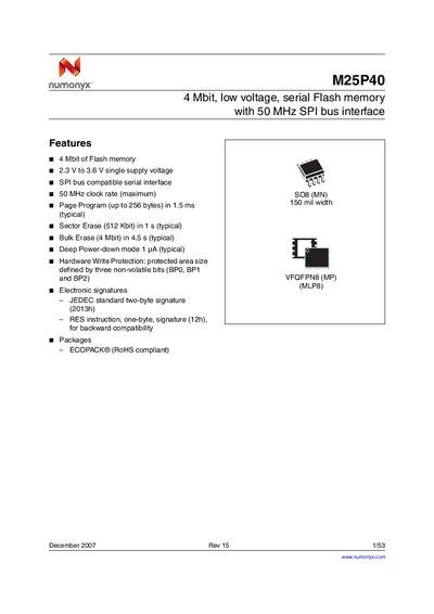 Numonyx M25P40 Serial Flash Memory Datasheet - cover page