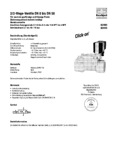 Buschjost 82400/82410 Series Solenoid Valve Data Sheet - cover page