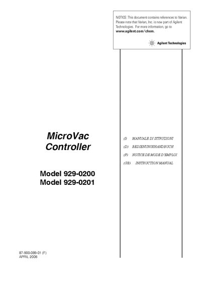 Agilent Technologies MicroVac Controller Model 929-0200/0201 User Manual - cover page