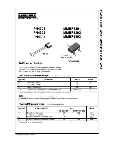 Fairchild PN4391/PN4392/PN4393 N-Channel Switch Datasheet - cover page