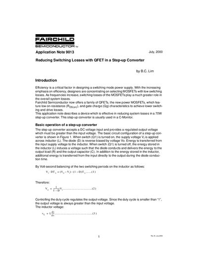 Fairchild Semiconductor Application Note 9013 Reducing Switching Losses with QFET in a Step-up Converter - cover page