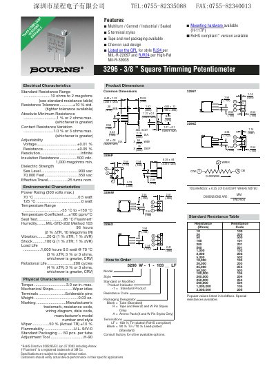 Bourns 3296 3/8 Square Trimming Potentiometer Datasheet - cover page