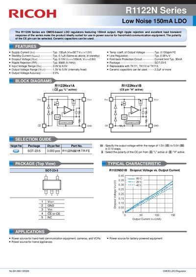 Ricoh R1122N Series Low Noise LDO Regulator Datasheet - cover page
