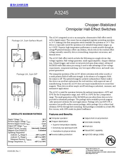 Allegro A3245 Chopper-Stabilized Omnipolar Hall Effect Switch Datasheet - cover page