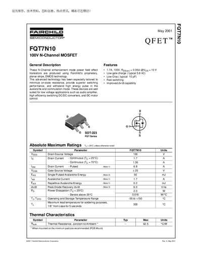 Fairchild FQT7N10 100V N-Channel MOSFET Datasheet - cover page
