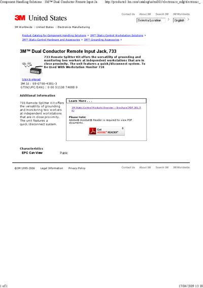 3M 733 Dual Conductor Remote Input Jack Product Catalog - cover page