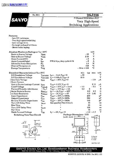 SANYO 2SJ226 P-Channel MOSFET Datasheet - cover page