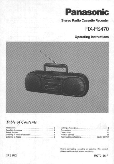 Panasonic RX-FS470 Stereo Radio Cassette Recorder Operating Instructions - cover page