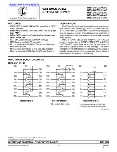 Integrated Device Technology Inc IDT54/74FCT240/A/C IDT54/74FCT241/A/C IDT54/74FCT244/A/C IDT54/74FCT540/A/C IDT54/74FCT541/A/C Data Sheet