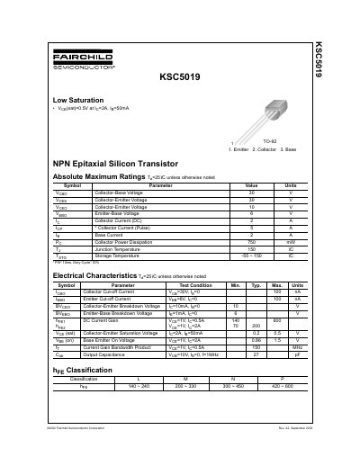 Fairchild KSC5019 NPN Epitaxial Silicon Transistor Datasheet - cover page