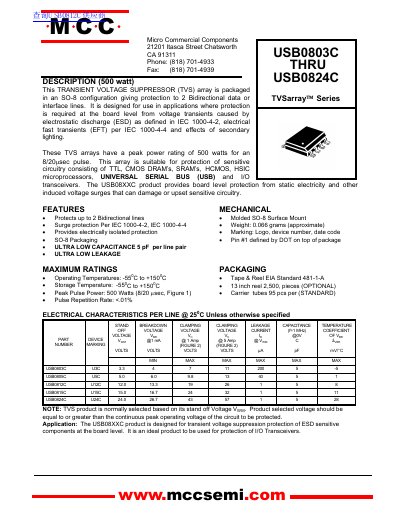 Micro Commercial Components USB0803C thru USB0824C Transient Voltage Suppressor Datasheet - cover page