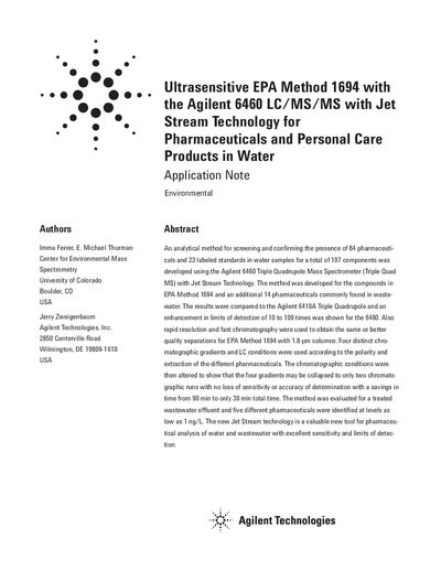 Agilent 6460 LC/MS/MS Application Note for EPA Method 1694 Analysis of Pharmaceuticals in Water - cover page