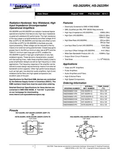 intersil HS-2620RH HS-2622RH handbook - cover page