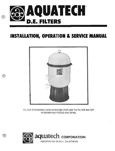 AQUATECH FNS Series D.E. Filter Installation Operation Service Manual - cover page