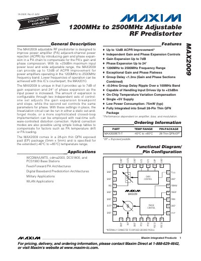Maxim MAX2009 Adjustable RF Predistorter Datasheet - cover page