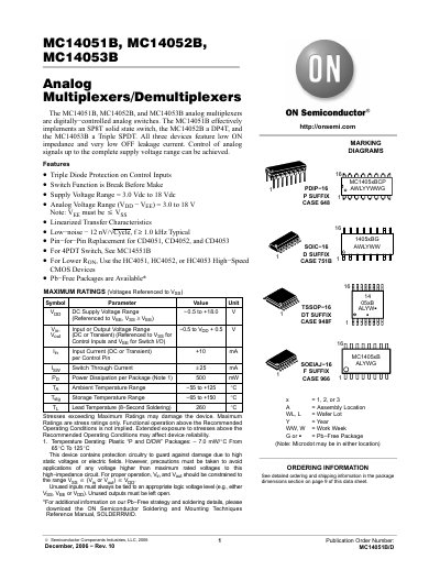 ON Semiconductor MC14051B/DMC14051B, MC14052B, MC14053B Analog Multiplexers/Demultiplexers Datasheet - cover page