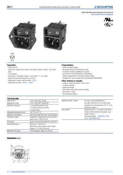 SCHURTER C14 DC11 POWER ENTRY MODULES WITHOUT LINE FILTER handbook - cover page