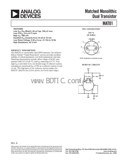 Analog Devices MAT01 Matched Monolithic Dual Transistor Datasheet - cover page