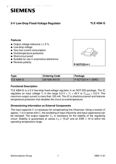 Siemens TLE 4264G 5‑V Low‑Drop Fixed‑Voltage Regulator Datasheet - cover page