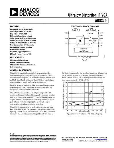 Analog Devices AD8375 Ultra‑Low Distortion IF VGA Datasheet - cover page