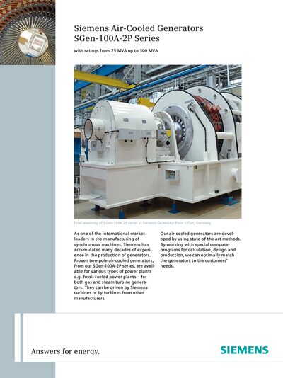 Siemens SGen-100A-2P Air-Cooled Generator Product Leaflet - cover page