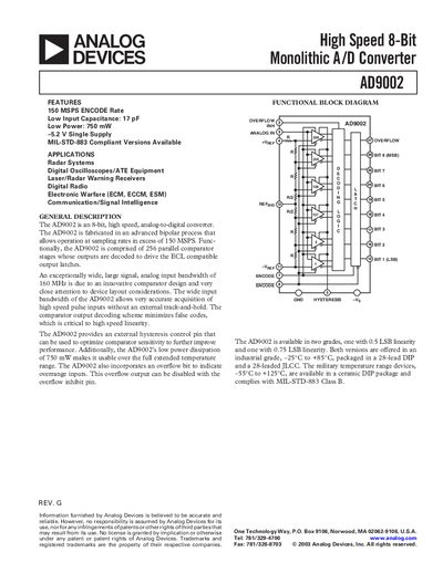Analog Devices AD9002 High Speed A/D Converter Datasheet - cover page