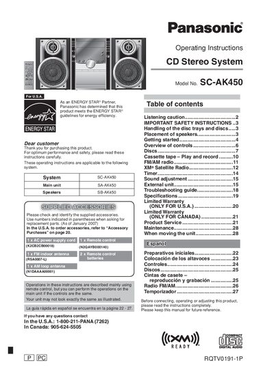 Panasonic SC-AK450 CD Stereo System Operating Instructions - cover page