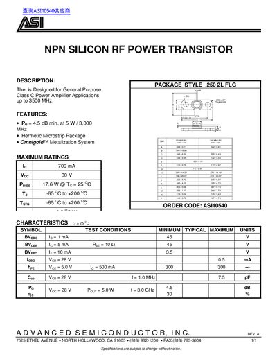 ASI ASI10540 NPN Silicon RF Power Transistor Datasheet - cover page
