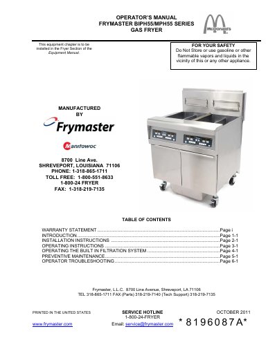 Frymaster BIPH55/MPH55 Series Gas Fryer Operator's Manual - cover page