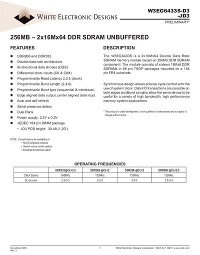 WHITE ELECTRONIC DESIGNS W3EG6433S-D3/-JD3 Manual - cover page