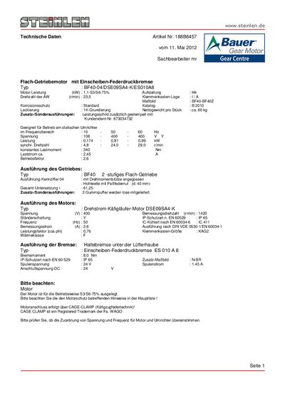 Bauer Gear Centre BF40-04/DSE09SA4-K/ES010A8 Technology Data Sheet - cover page