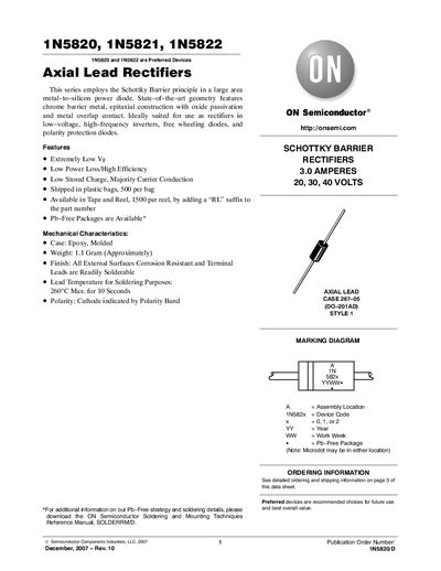 ON Semiconductor 1N5820/1N5821/1N5822 Schottky Rectifier Datasheet - cover page