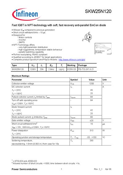 Infineon SKW25N120 IGBT Datasheet - cover page
