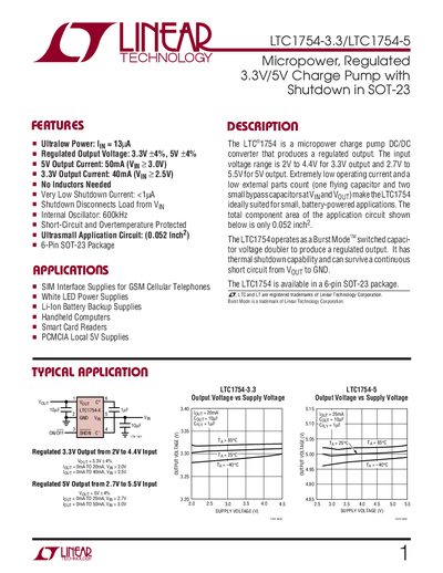 LINEAR TECHNOLOGY - 1 LTC1754-3.3/LTC1754-5 Micropower Regulated 3.3V/5V Charge Pump with Shutdown in SOT-23 handbook - cover page