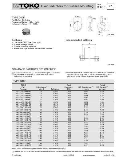 TOKO Type D10F Fixed Inductor Product Catalog - cover page