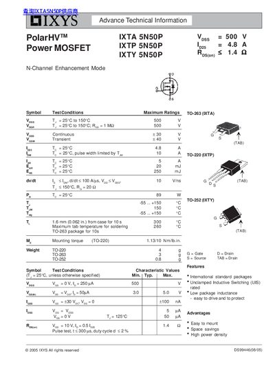IXYS IXTA/IXTP/IXTY 5N50P Power MOSFET Datasheet - cover page