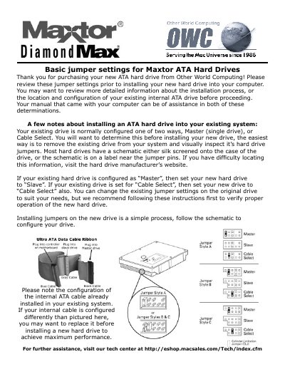 Maxtor ATA Hard Drive Jumper Settings Guide - cover page