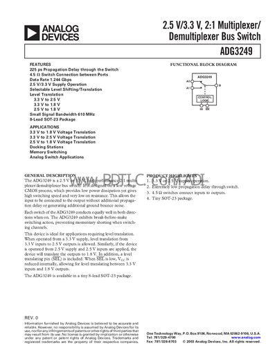 Analog Devices ADG3249 2:1 Multiplexer/Demultiplexer Bus Switch Datasheet - cover page