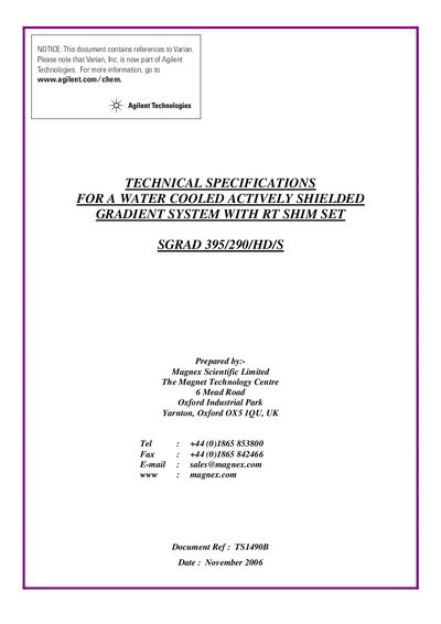 Agilent SGRAD 395/290/HD/S Water Cooled Actively Shielded Gradient System Technical Specifications - cover page