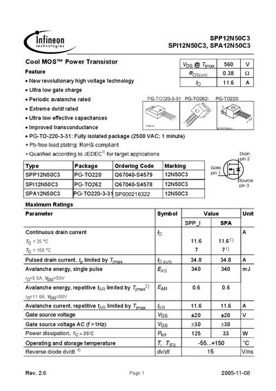 INFINEON SPP12N50C3/SPI12N50C3/SPA12N50C3 Cool MOS Power Transistor Manual