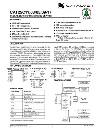 Catalyst CAT25C11/03/05/09/17 SPI Serial EEPROM Datasheet - cover page