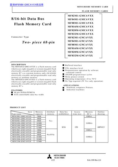 MITSUBISHI Electric 8/16-bit Data Bus Flash Memory Card handbook - cover page