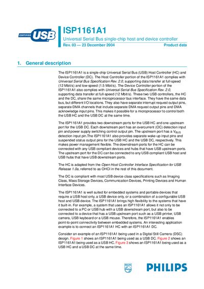 Philips ISP1161A1 USB Host and Device Controller Datasheet
