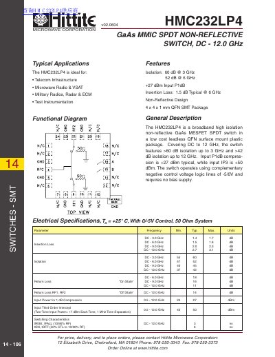 Hittite Microwave HMC232LP4 GaAs MMIC SPDT Switch Datasheet