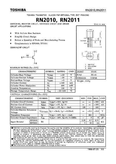 Toshiba RN2010 RN2011 Transistor Datasheet - cover page