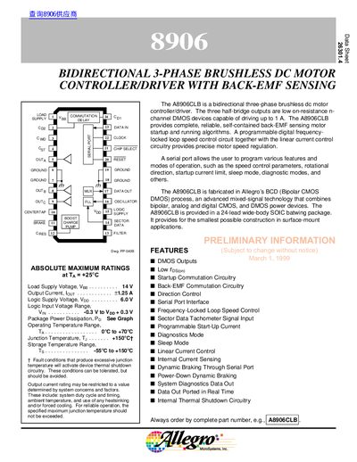 Allegro Microsystems A8906CLB Bidirectional 3-Phase Brushless DC Motor Controller Datasheet - cover page