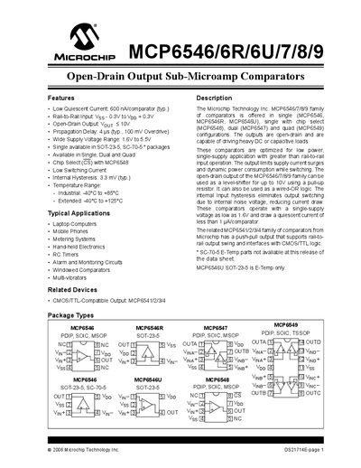 Microchip MCP6546/6R/6U/7/8/9 Comparator Datasheet - cover page