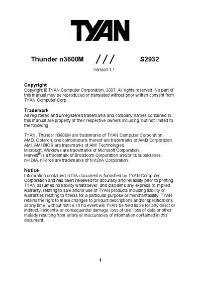 TYAN Thunder n3600M /// S2932 Manual - cover page