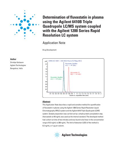 Agilent Determination of Fluvastatin in Plasma Using the Agilent 6410B Triple Quadrupole LC/MS System and Agilent 1200 S - cover page